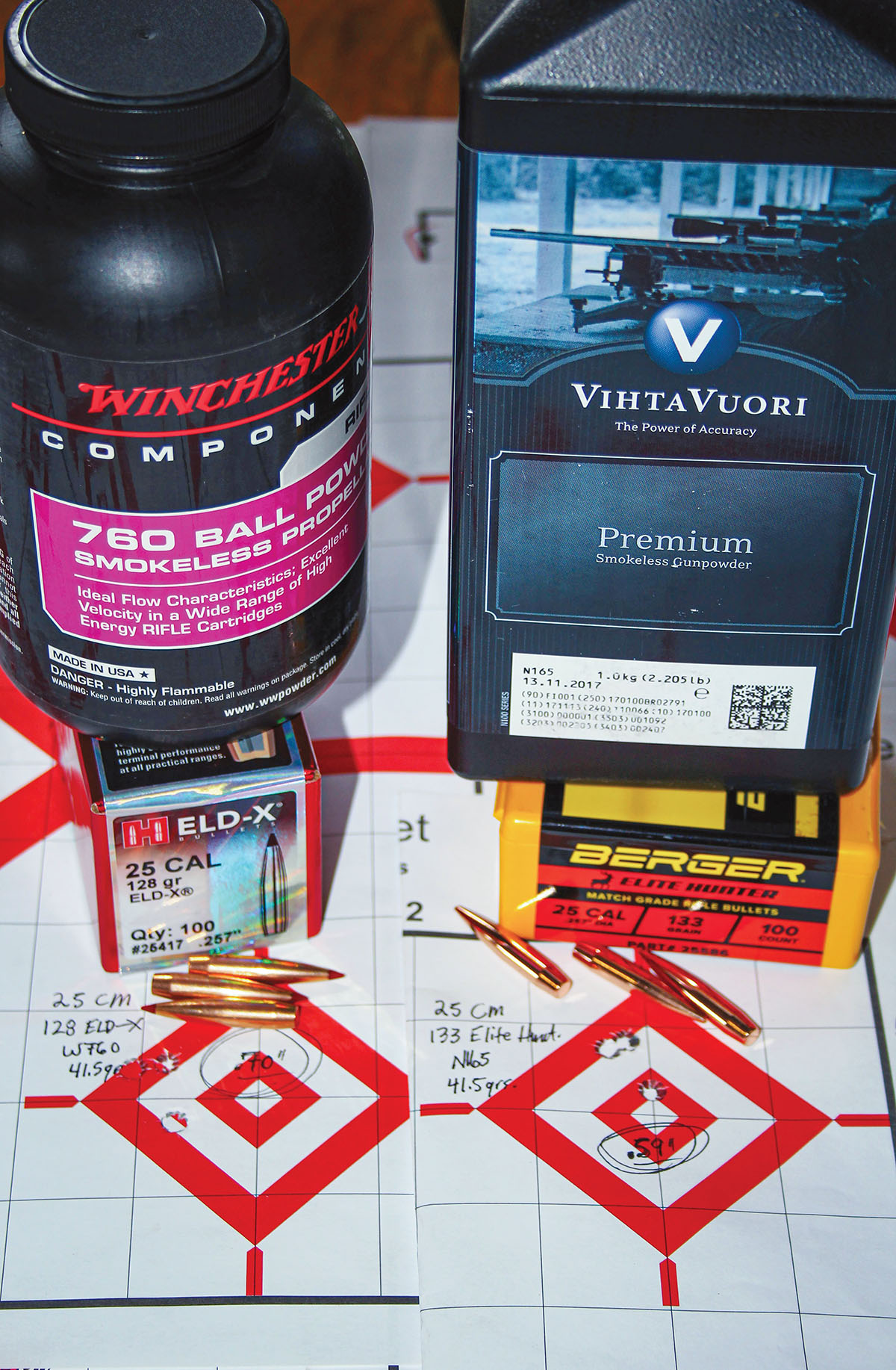 The 25 Creedmoor short-action Fence Line performed much better with handloads, producing a .70-inch group at 2,875 fps (left) using Hornady’s 128-grain ELD-X and 41.5 grains of Winchester 760 and a .59-inch group at 2,561 fps (right) with Berger’s 133-grain Elite Hunter and 41.5 grains of Vihtavuori N165.